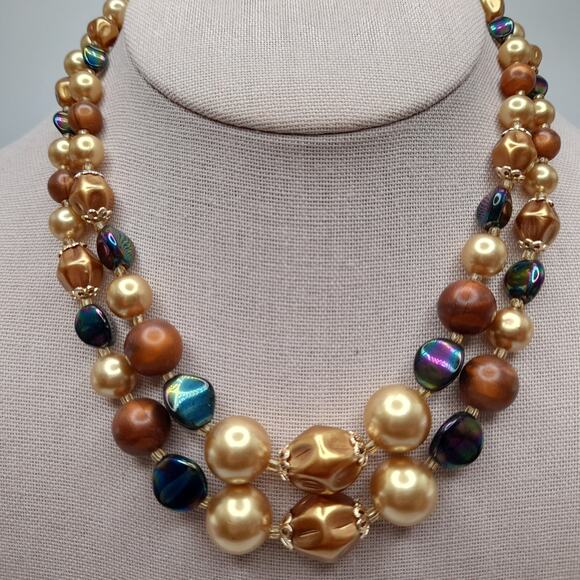 Vintage Japan Art Bead Necklace, Two Strands, Iridescent Earth Tones, 16" - Picture 2 of 13